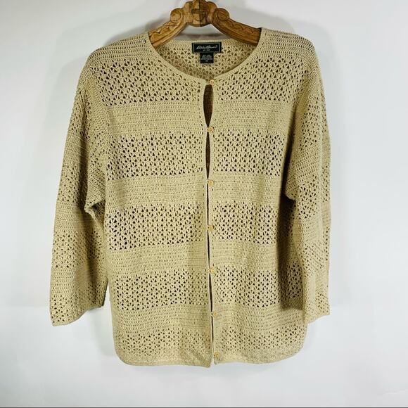 Eddie Bauer Neutral Open Weave Cardigan Sweater 1X Linen Blend - Picture 5 of 9